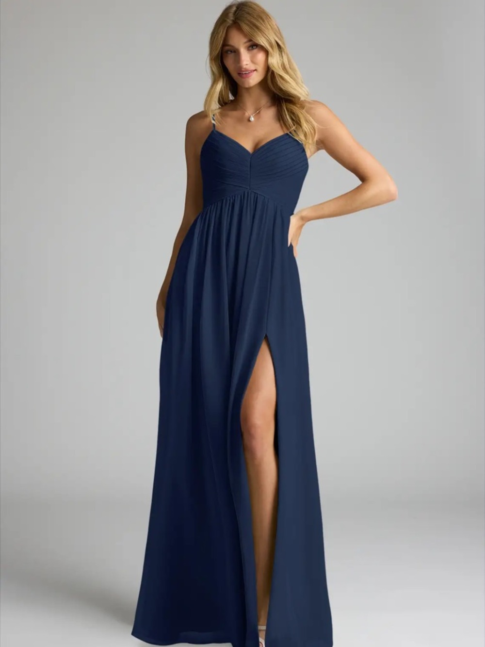 Azazie Alia Dark Navy A-Line Pleated Chiffon Dress